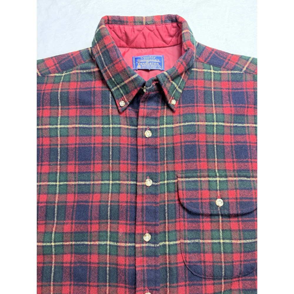 VTG Pendleton Pure Virgin Wool Red Blue Green Plaid Flannel Button Up Large EUC